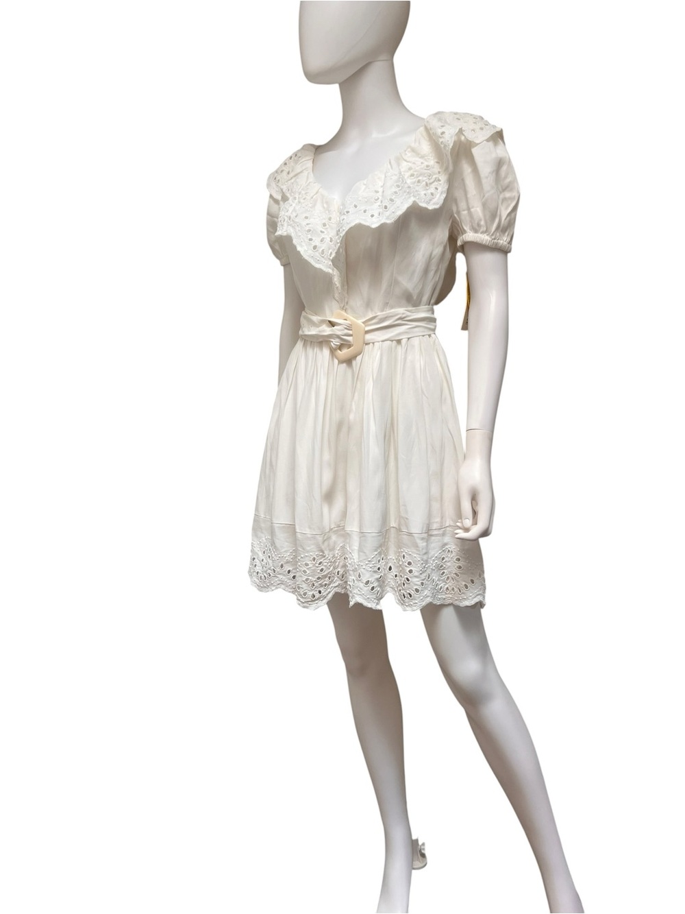 NWT- Nocturne White Eyelet Belted Summer Mini Dress. Size M/L. Boho/Western.